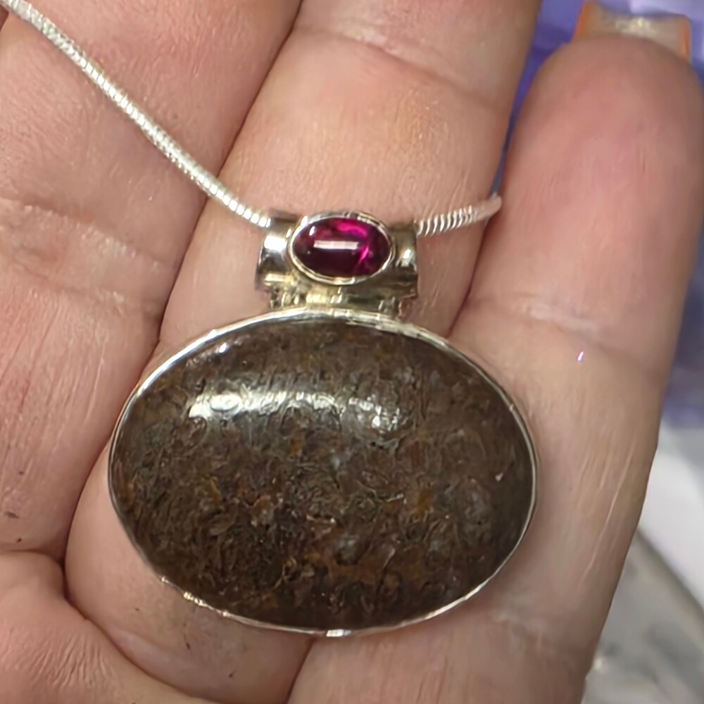Natural Dinosaur Bone & Garnet 925 Sterling Silver Pendant Jewelry